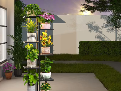 Courtyard Garden With Multi Tiered Plant Stand Various Plants Flowers Grass And Sunset Lighting 3d model