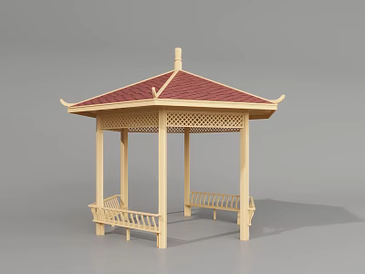Wooden Pavilion With Red Roof Latticed Top Design And Surrounding Benches 3d model