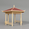 Wooden Pavilion With Red Roof Latticed Top Design And Surrounding Benches
