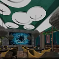 Restaurant Interior Design With Green Walls Circular Ceiling Lights Crystal Chandeliers Yellow Chairs Wooden Tables