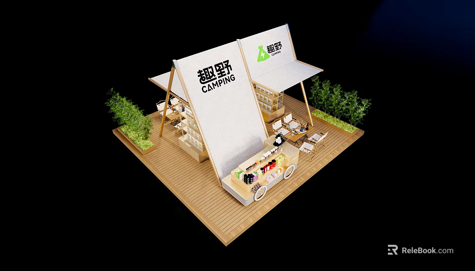Modern Commercial Outdoor Seating Design With Canopy Tent Wooden Deck Green Plants And Tables Chairs 3d model 