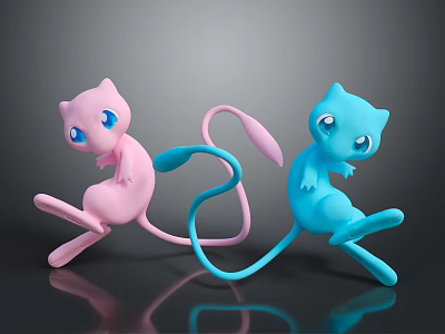 Two Pink And Blue Mew Game Anime Characters In Dynamic Jumping Poses With Long Tails 3d model