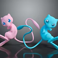 Two Pink And Blue Mew Game Anime Characters In Dynamic Jumping Poses With Long Tails