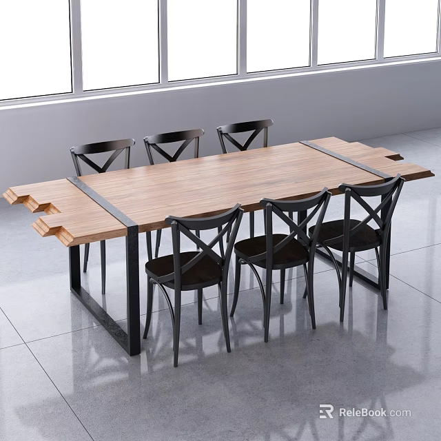 Modern Dining Table Set With Wooden Top Black Metal Frame And Six Cross Back Chairs 3d model 