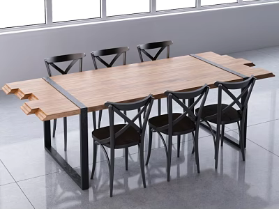Modern Dining Table Set With Wooden Top Black Metal Frame And Six Cross Back Chairs 3d model