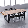 Modern Dining Table Set With Wooden Top Black Metal Frame And Six Cross Back Chairs