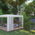 Garden Pavilion With Cozy Seating Lush Trees Green Lawn Brick Wall And Sunset Sky In Backyard