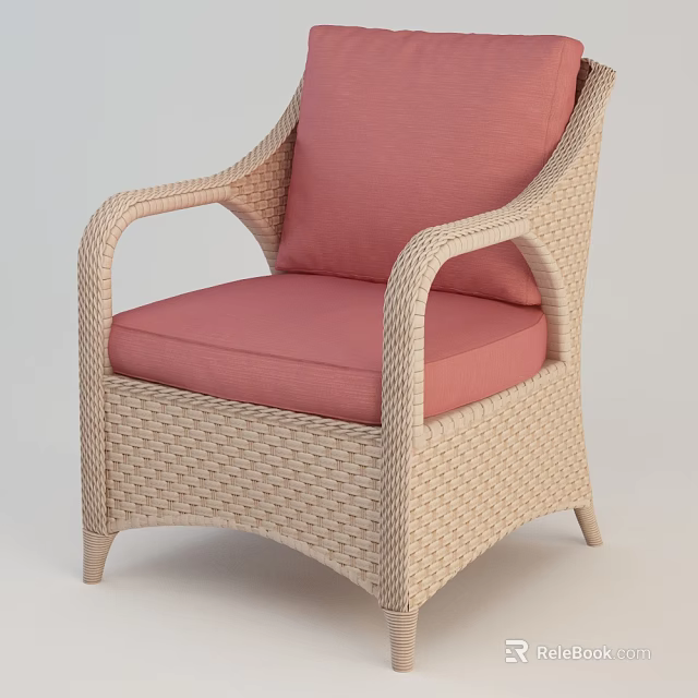 Beige Wicker Single Sofa With Pink Cushion And Comfortable Armrest Design 3d model 