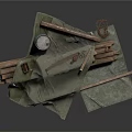 Outdoor Camp Supplies With Wooden Logs Canvas Tarp Metal Can And Tools