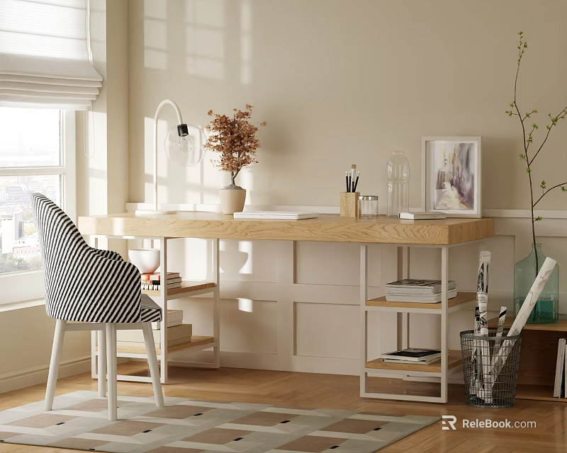 Natural Light Wooden Desk With Black And White Striped Chair White Lamp Dried Flowers Shelves 3d model 
