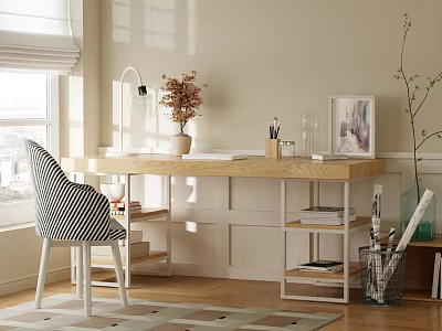 Natural Light Wooden Desk With Black And White Striped Chair White Lamp Dried Flowers Shelves 3d model