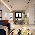 Modern Dining Living Room Interior With Dining Table Chairs Pendant Lights And Wall Design