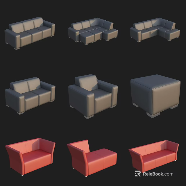 Modern Sofa Set Collection Featuring Gray And Red Upholstered Various Styles And Sizes 3d model