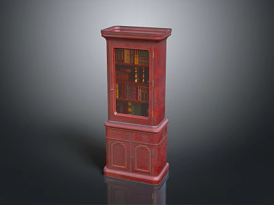 Classic Red Wooden Bookcase With Glass Door Books And Carved Cabinet Details 3d model