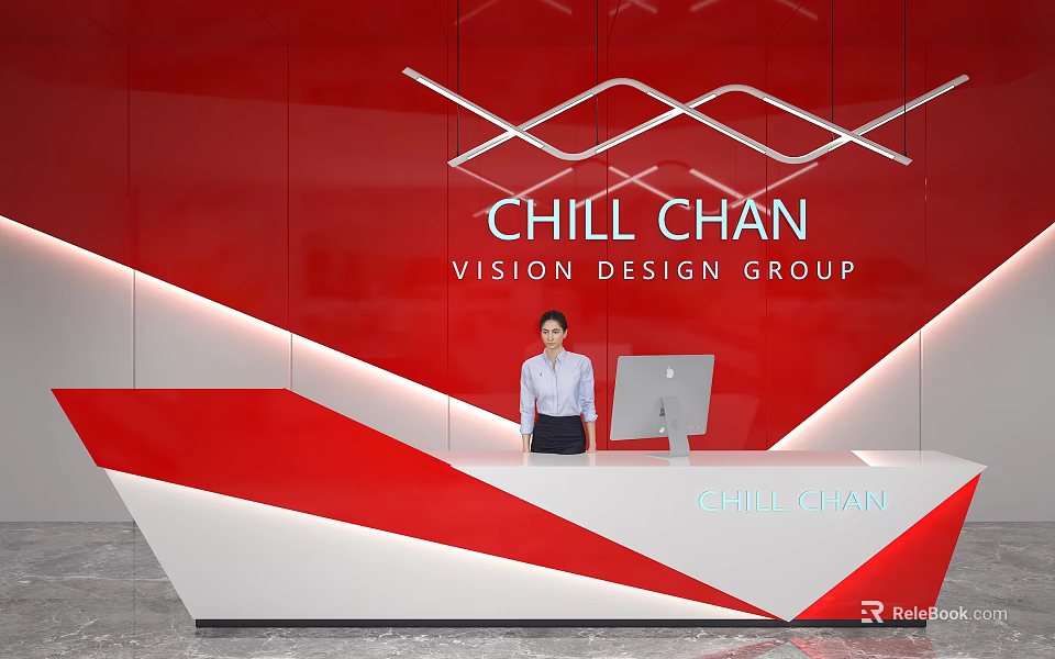 Red Front Desk Backdrop with Geometric Lines for Chill Chan Design Group Modern Reception 3d model