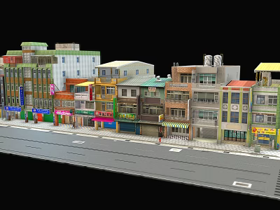 Vibrant Urban Building Complex With Multi Story Structures Colorful Rooftops And Storefronts Along Street 3d model