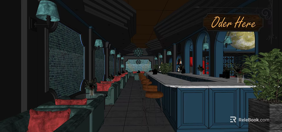 Vintage Bar Interior With Blue Counter Red Sofas Green Brick Walls And Chandeliers 3d model 