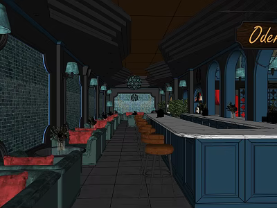 Vintage Bar Interior With Blue Counter Red Sofas Green Brick Walls And Chandeliers 3d model