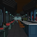 Vintage Bar Interior With Blue Counter Red Sofas Green Brick Walls And Chandeliers