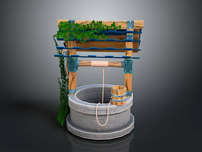 Rustic Well Structure With Wooden Beams Green Ivy Stone Base Bucket And Rope 3d model