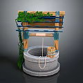 Rustic Well Structure With Wooden Beams Green Ivy Stone Base Bucket And Rope