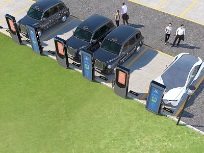 Clean Parking Lot Featuring Parking Meters Parked Black And White Cars And People Walking 3d model
