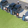 Clean Parking Lot Featuring Parking Meters Parked Black And White Cars And People Walking