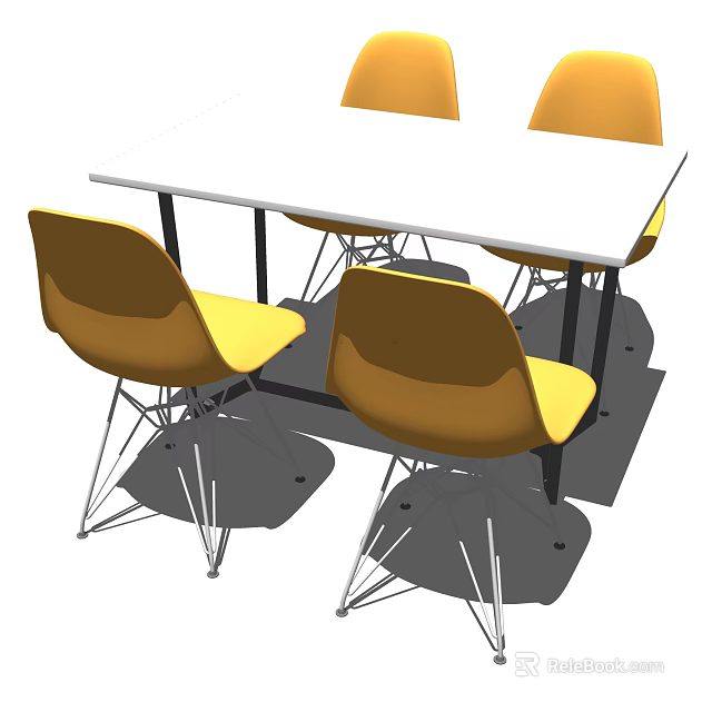 White Rectangular Dining Table Set with Yellow Metal Leg Chairs in Modern Design 3d model