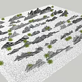 Stones And Wood Display With Green Plants Scattered On White Sand Ground