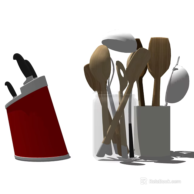 Kitchen Utensils Set With Red Knife Holder Knives Wooden Spoons Spatulas And Whisks In Containers 3d model 