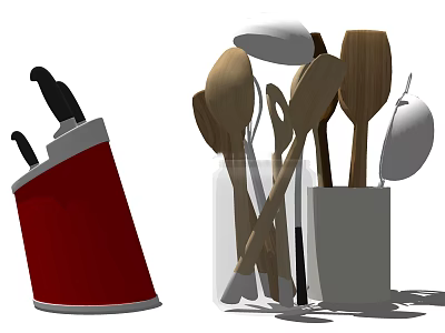 Kitchen Utensils Set With Red Knife Holder Knives Wooden Spoons Spatulas And Whisks In Containers 3d model