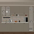 Modern Kitchen Interior With Beige Cabinets Patterned Tile Backsplash And Glass Display Cabinets 3d model