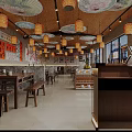 Chinese Restaurant Interior With Ceiling Umbrellas Lanterns Wooden Tables And Chairs