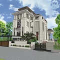 Modern Detached Villa Exterior With Large Windows Balcony Green Trees And Blue Sky