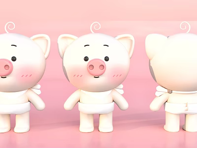 Adorable Three White Pig Dolls With Blush Cheeks On Pink Background 3d model