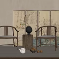 Traditional Chinese Interior With Wooden Chairs Decorative Screen And Tea Set