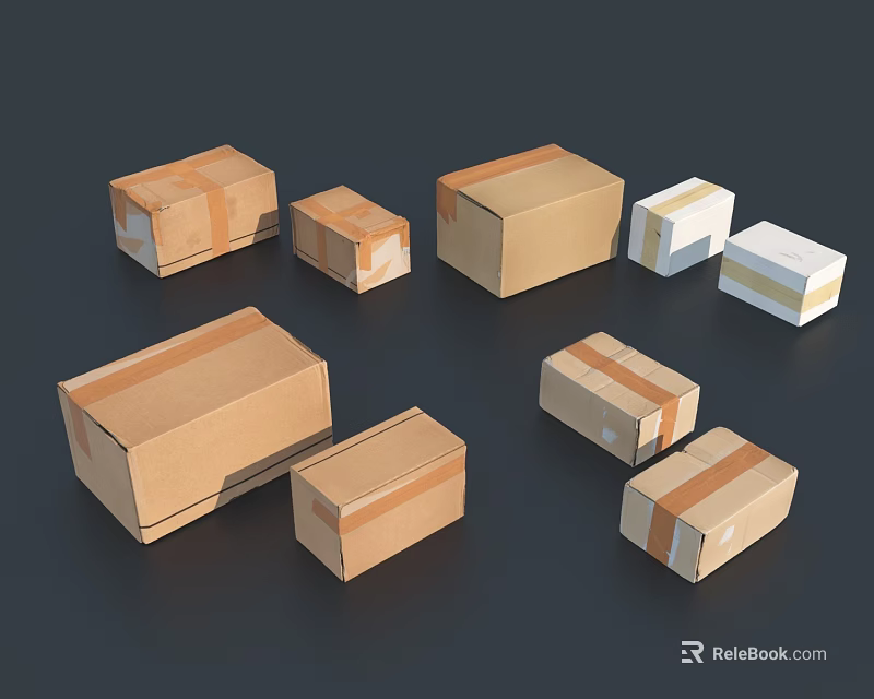 Brown Cardboard Boxes With Various Sizes And Tape Sealed On Dark Background 3d model