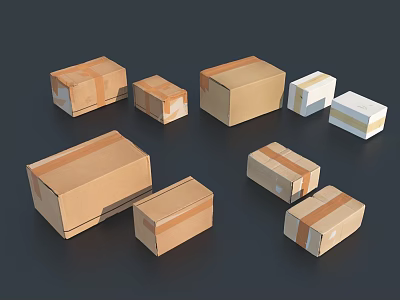 Brown Cardboard Boxes With Various Sizes And Tape Sealed On Dark Background 3d model