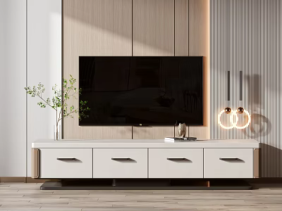 White TV Stand with Four Drawers Wooden Wall Green Plant and Hanging Lights 3d model