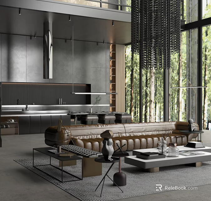 Modern Duplex Living Room Interior With Leather Sofa Large Windows Decorative Chandelier And Forest View 3d model 
