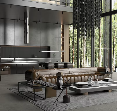 Modern Duplex Living Room Interior With Leather Sofa Large Windows Decorative Chandelier And Forest View 3d model