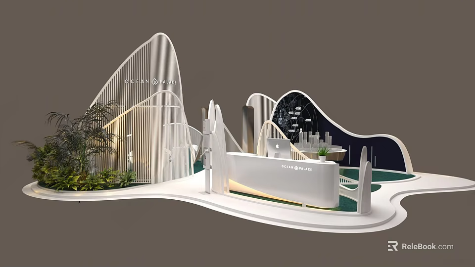 Modern Exhibition Booth With Curved White Structures Green Plants And Reception Desk 3d model 