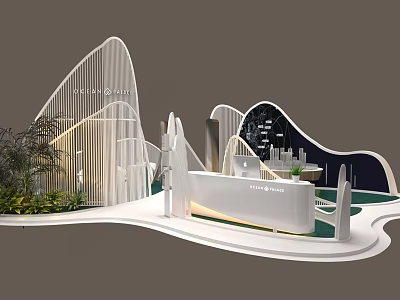 Modern Exhibition Booth With Curved White Structures Green Plants And Reception Desk 3d model