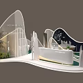 Modern Exhibition Booth With Curved White Structures Green Plants And Reception Desk