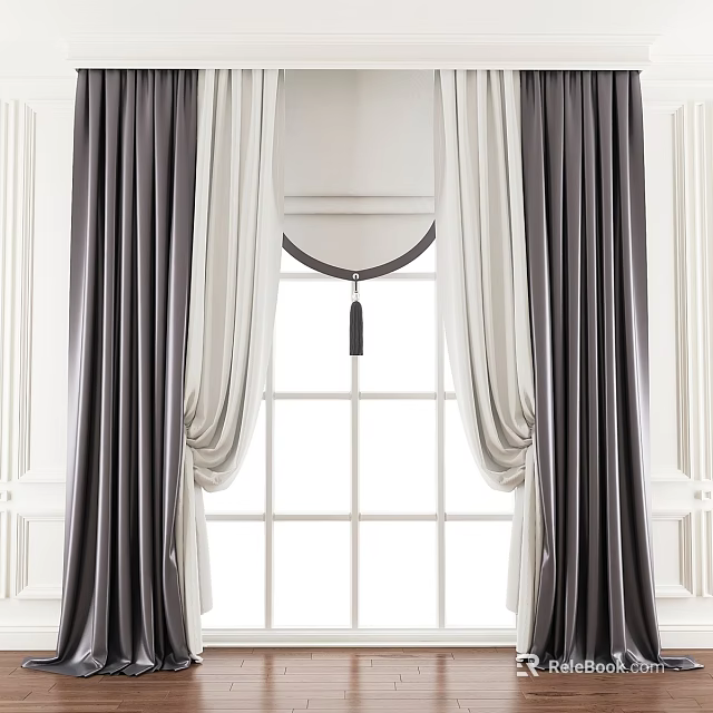Elegant Gray And White Curtains For Window With Tassel Decoration Design 3d model 
