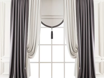 Elegant Gray And White Curtains For Window With Tassel Decoration Design 3d model