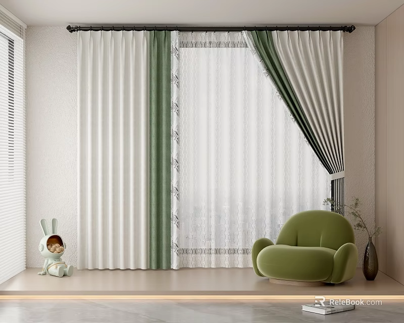 Home Balcony Decor With Green White Curtains Green Armchair Rabbit Ornament And Vase 3d model 