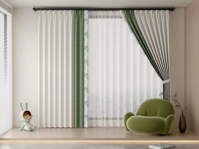Home Balcony Decor With Green White Curtains Green Armchair Rabbit Ornament And Vase 3d model