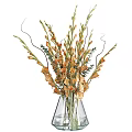 White Gladiolus Flowers Arrangement in Clear Glass Vase with Fresh Green Leaves