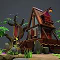 Cartoon Treehouse Scene With Wooden Structure Big Trees Stone Stairs And Green Plants